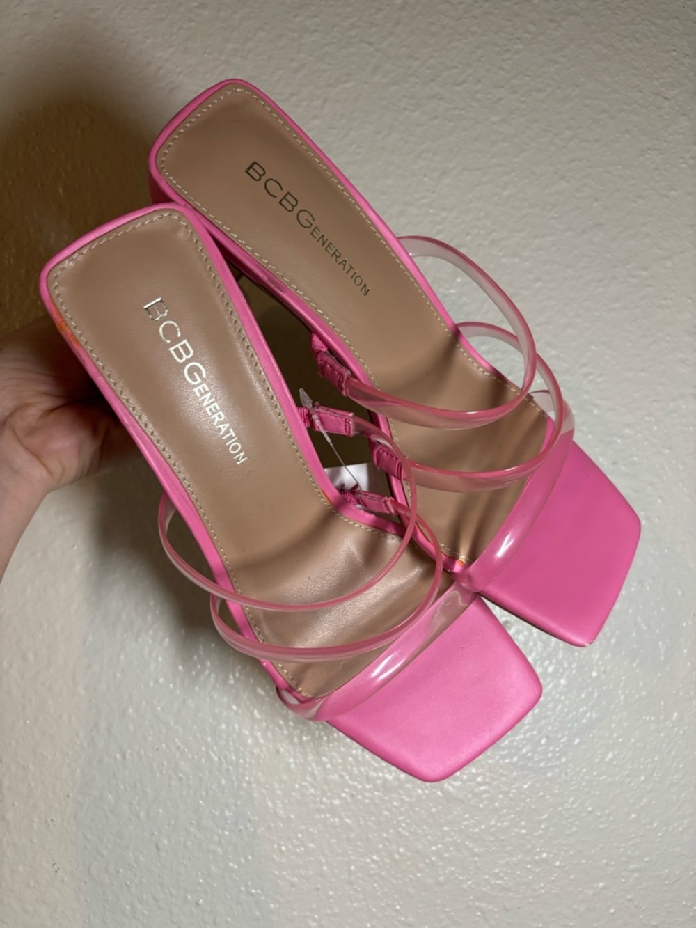 BCBGENERATION Pink Clear-Strap Square Toe Slide Heels